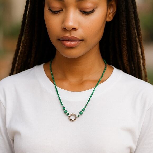 Beaded Necklace Green and Silver Tone Long Necklace Handmade - Picture 2 of 12